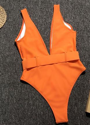 Женский сдельный купальник с поясом неоновый оранжевый6 фото