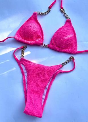Женский раздельный купальник жатка с цепочками на лифе и плавках chains розовый2 фото