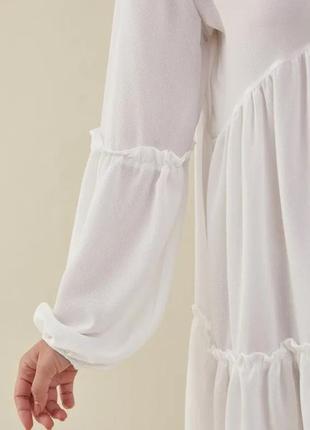 Женская летняя туника платье с v-образным вырезом, рукавами-фонариками и оборкой boho белая5 фото
