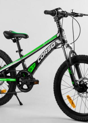 Детский спортивный велосипед 20’’ corso «speedline» магниевая рама, shimano revoshift 74290 черно-зеленый