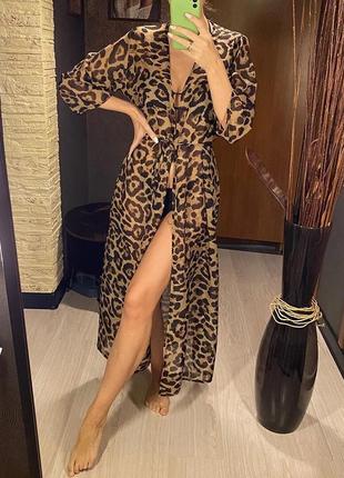 Женская летняя пляжная туника шифоновая леопардовая leopard printed накидка халат кимоно