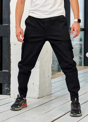 Чорні чоловічі штани карго з накладними кишенями, джогери з резинкою5 фото