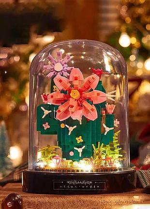 Конструктор ночник блочный детский с подсветкой цветок в колбе кактус цветы