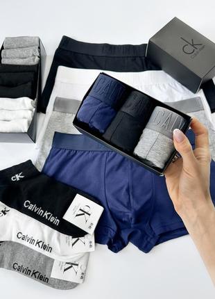 Подарунковий комплект чоловічі труси 3шт шкарпетки 6шт calvin klein striped2, набір в подарунковій коробці. fellix