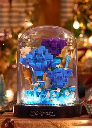 Конструктор нічник квіти з підсвіткою, квітка у колбі (блакитна чарівниця), лего квіти balody
