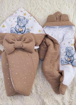 Комплект одежды из муслина 3 предмета для новорожденных, капучино с принтом медвежонок