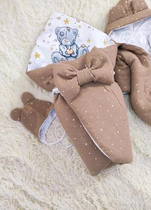Комплект одежды из муслина 3 предмета для новорожденных, капучино с принтом медвежонок2 фото