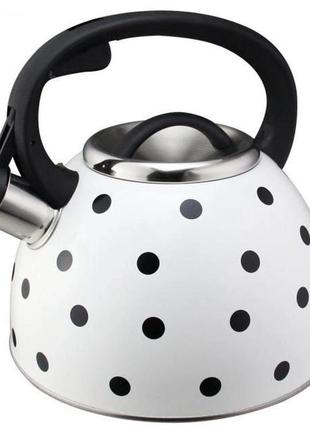 Чайник із свистком для газової плити unique un-5301 2,5л горошок, чайники для плит. колір: білий8 фото