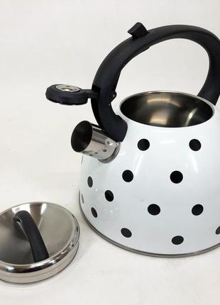 Чайник із свистком для газової плити unique un-5301 2,5л горошок, чайники для плит. колір: білий5 фото