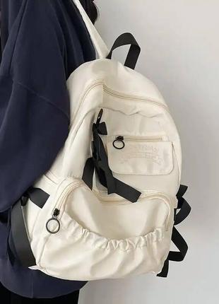 Школьный рюкзак для девочки бежевый с бантиками красивый удобный вместительный7 фото
