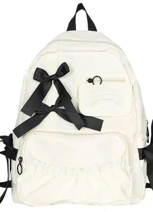 Школьный рюкзак для девочки бежевый с бантиками красивый удобный вместительный2 фото
