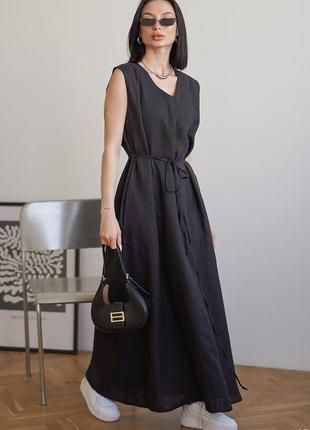 Черное платье макси с круглым вырезом с поясом из натурального льна1 фото