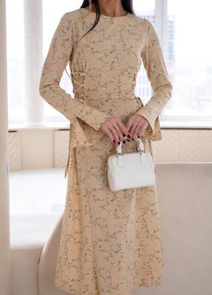 Невероятно стильное платье с затяжками на талии и эффектными рукавами в цветочный принт💗2 фото