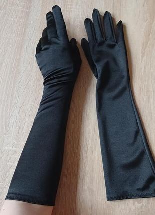 Атласні рукавички чорні, довгі (до ліктя)2 фото