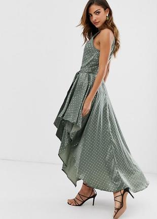 Шикарное атласное платье хаки, серебристый горошек, горох, код 01251 фото