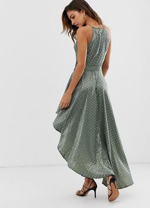 Шикарное атласное платье хаки, серебристый горошек, горох, код 01252 фото