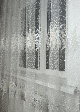 Тюль с вышивкой бело-золота, гардина в зал, спальню, c люрексом