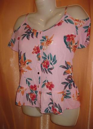 Легка шифонова приємна майка блуза з рюшами оборкою баскою від талії нарядна рожева великий розмір