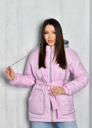 Демисезонная качественная розовая молодежная куртка ниже бедра с трикотажным капюшоном 42-483 фото