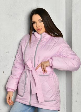 Демисезонная качественная розовая молодежная куртка ниже бедра с трикотажным капюшоном 42-482 фото