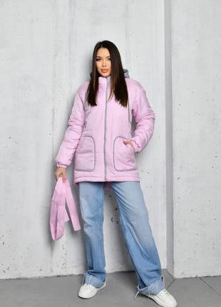 Демисезонная качественная розовая молодежная куртка ниже бедра с трикотажным капюшоном 42-485 фото