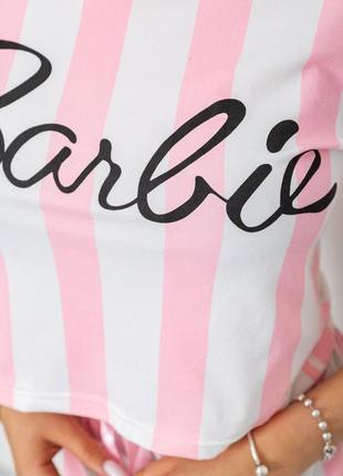 Пижама-двойка полосатая с принтом barbie барби / в полоску футболка топ и шорты5 фото