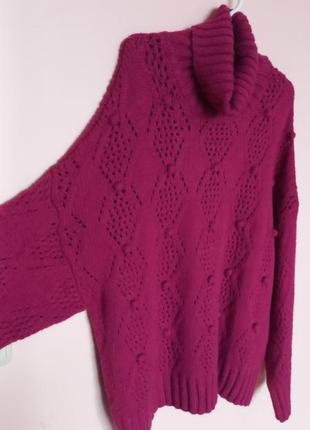 Малиновый теплый свитер под горло, свитер-гольф, вязаный гольф, теплая кофта батал 54-58 р.