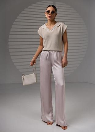 Женские летние шелковые брюки-палаццо жемчужного цвета1 фото