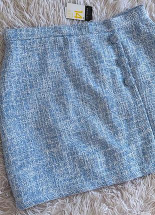 Голубая твидовая юбка primark с пуговицами2 фото