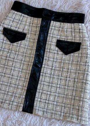 Твидовая юбка river island с кожаными вставками5 фото