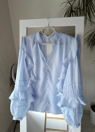 Блуза с воланами голубая от reserved, рубашка с объемными рукавами в виде zara2 фото