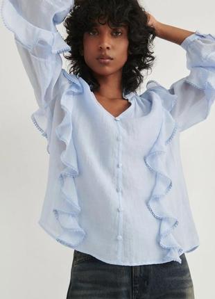 Блуза с воланами голубая от reserved, рубашка с объемными рукавами в виде zara9 фото