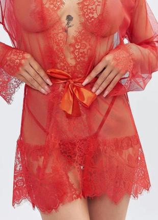 Халат из кружева с поясом, сексуальный халат на запах прозрачный, кружевной халатик со стрингами3 фото