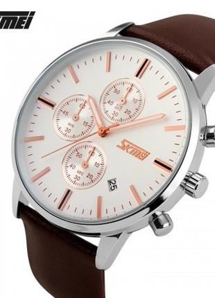 Чоловічий наручний годинник skmei 9318 beige-brown. усі стрілки  хронографа працюют4 фото