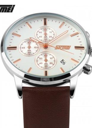 Чоловічий наручний годинник skmei 9318 beige-brown. усі стрілки  хронографа працюют3 фото