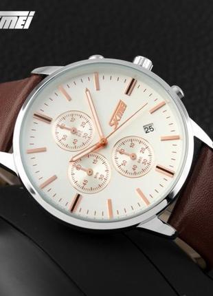 Чоловічий наручний годинник skmei 9318 beige-brown. усі стрілки  хронографа працюют5 фото