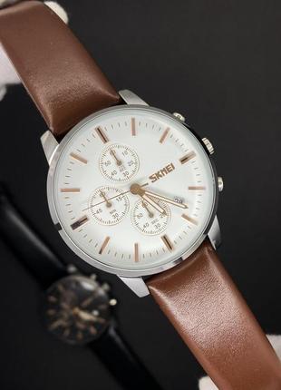 Чоловічий наручний годинник skmei 9318 beige-brown. усі стрілки  хронографа працюют6 фото
