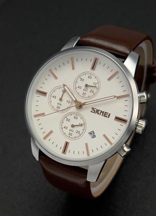 Чоловічий наручний годинник skmei 9318 beige-brown. усі стрілки  хронографа працюют