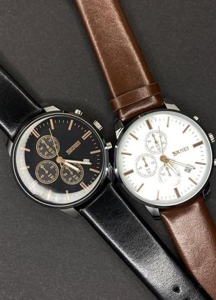 Чоловічий наручний годинник skmei 9318 beige-brown. усі стрілки  хронографа працюют8 фото