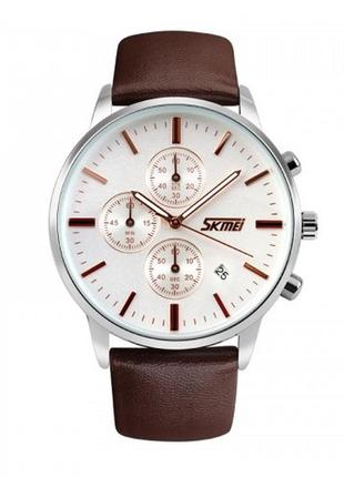 Чоловічий наручний годинник skmei 9318 beige-brown. усі стрілки  хронографа працюют2 фото