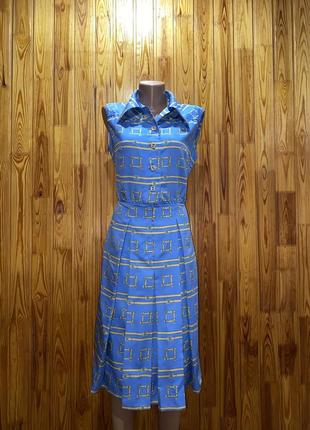 Голубое винтажное миди платье,принт,неон,острый воротник(018)2 фото