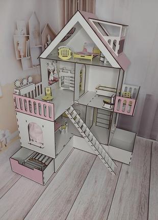 Кукольный деревянный детский домик для кукол самосборный с мебелью, детской площадкой и ящиками + люлька6 фото