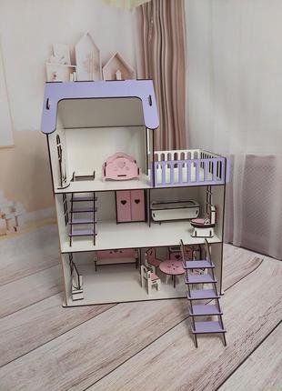 Дерев'яний дитячий ляльковий самозбірний будиночок для ляльок, 5 кімнат, з меблями, з терасою та сходами, з хдф код/артикул 52 201 фото