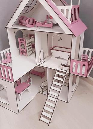 Дерев'яний дитячий самозбірний ляльковий будиночок для ляльок з меблями, з терасою, з балконом і зі сходами код/артикул 52 294 фото
