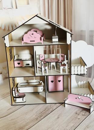Дерев'яний самозбірний рожевий іграшковий будиночок для ляльок з террасою, комплектом меблів код/артикул 52 216 фото