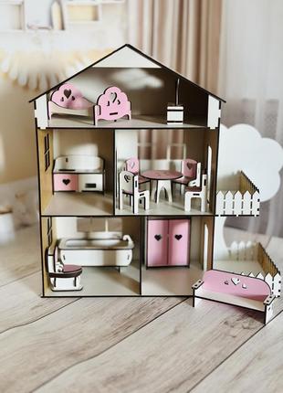 Дерев'яний самозбірний рожевий іграшковий будиночок для ляльок з террасою, комплектом меблів код/артикул 52 215 фото