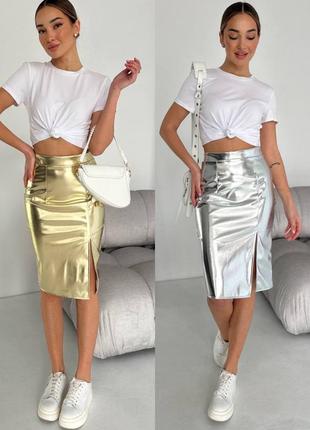 Кожаная юбка карандаш серебро. юбка-карандаш к коклен экожа серебро золото1 фото