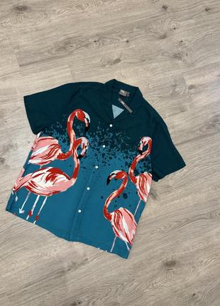 Легкая тенниска шведка рубашка гавайка в принт фламинго