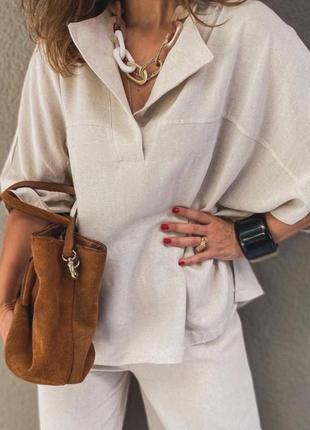 Костюм женский льняной бежевый однотонный оверсайз рубашка брюки свободного кроя на высокой посадке с разрезами качественная стильная2 фото