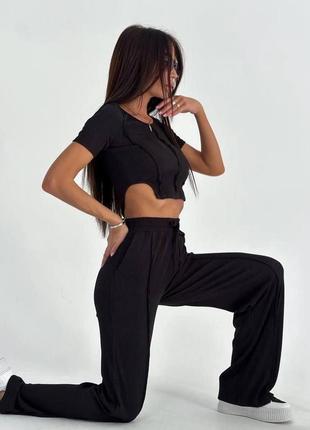 Костюм женский однотонный топ брюки на высокой посадке качественный стильный трендовый мокко черный6 фото